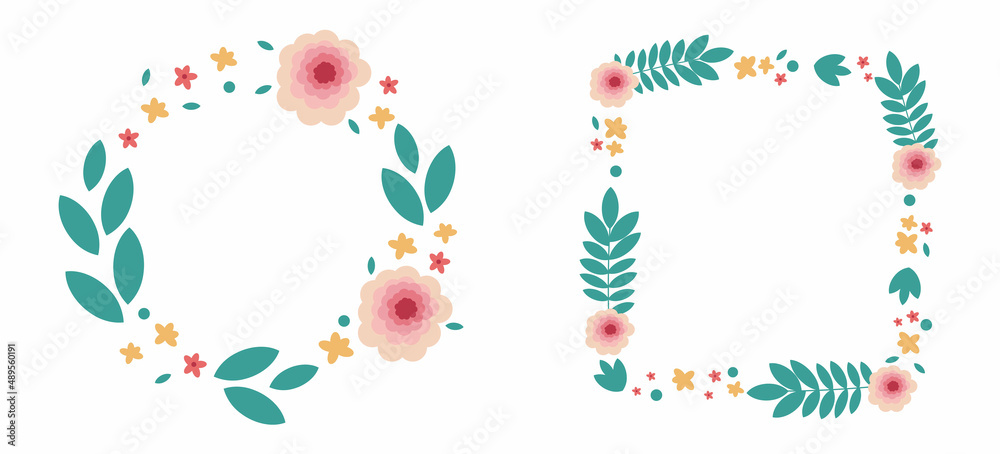 Set of round and square frames made of flowers and leaves. Design for decor. Vector illustration. Set of round and square frames made of flowers and leaves. Design for decor. Vector illustration.