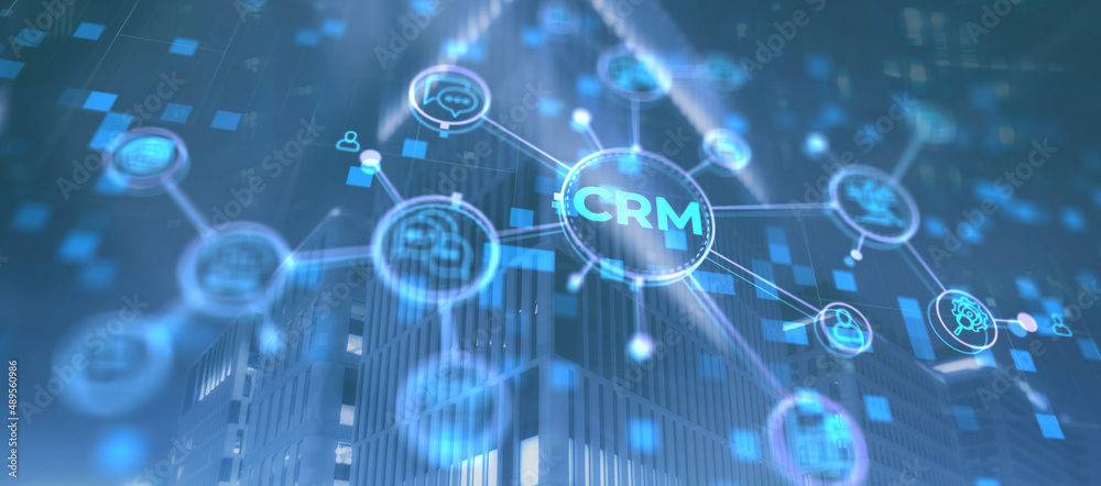 CRM. Customer Relationship Management on modern city background