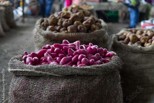 Small purple potatoes at the market in Silvia, Colombia photo