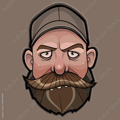 cartoon frowning man head with beard and mustache