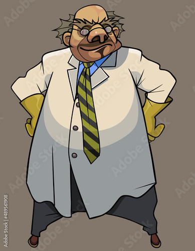 cartoon man in a white coat and rubber gloves stands akimbo