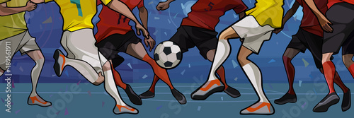 Fototapeta Naklejka Na Ścianę i Meble -  Football match between two teams. View of feet with ball