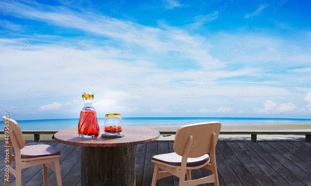 Brandy or whiskey liqueur in a luxury bottle. The table is made of wood. Wooden terrace on the beach, by the sea, clear sky during the day turquoise sea The sky has white clouds. 3D rendering