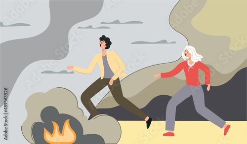 People are refugees fleeing the war. Explosions, bombs, shells, fire. The concept of the threat of war, danger, human casualties. Vector illustration. Flat style. Banner, poster.