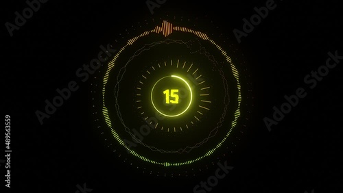 Yellow Countdown 20 second with gold futuristic wave spectrum effect element.
Loop Abstract count down interface HUD wave motion like music equalizer, audio waves, spectrum, sound frequency.