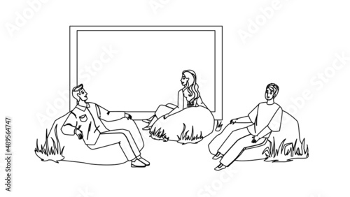 Outdoor Cinema Movie Enjoy People Together Black Line Pencil Drawing Vector. Men And Women Sitting In Soft Armchair And Watching Film In Outdoor Cinema. Character Resting Leisure Time Outside