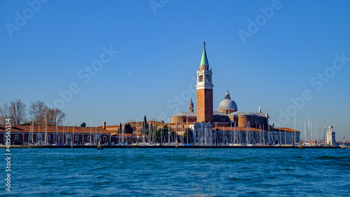 panoramic view from a boat to the mark's square with clocktower campanile and doge's palace in venice, italy