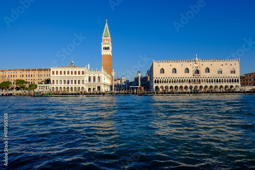 panoramic view from a boat to the mark's square with clocktower campanile and doge's palace in venice, italy