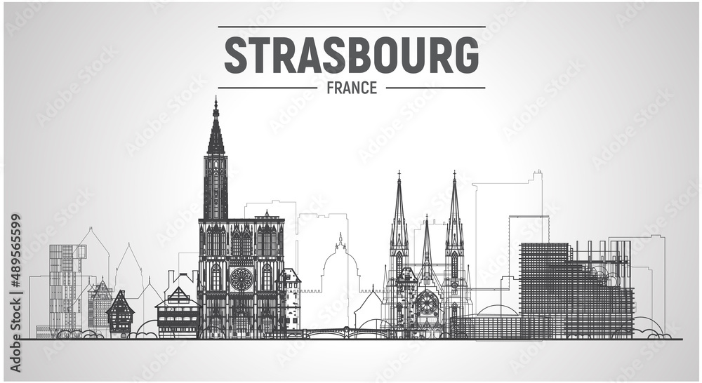 Strasbourg (France) line city skyline vector at white background. Flat vector illustration. Business travel and tourism concept with modern buildings. Image for banner or website.