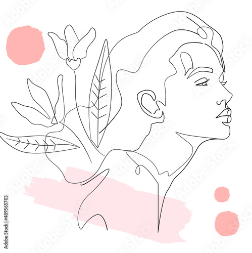 Vector drawing of a girl, flowers. Spring fashionable, line drawing. 