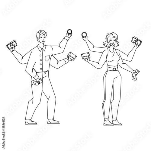 Payment Options For Buying Goods In Shop Black Line Pencil Drawing Vector. Man And Woman Holding Credit Card And Money Cash, Paying Check And Cryptocurrency Coin, Payment Options For Pay.