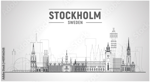 Stockholm ( Sweden ) skyline with panorama in white background. Vector Illustration. Business travel and tourism concept with modern buildings. Image for presentation, banner, website.