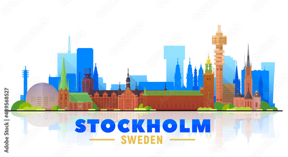 Stockholm ( Sweden ) skyline with panorama in white background. Vector Illustration. Business travel and tourism concept with modern buildings. Image for presentation, banner, website.