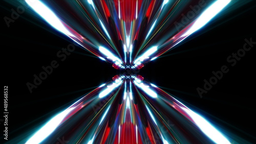 Geometric glowing lines 3d render of crystals with optical highlights. Futuristic hyper transition in hypnotic synthwave space. Digital design decoration in modern web art.