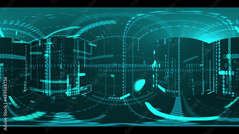 Panoramic view of data matrix code in 3d render volumetric futuristic design. Cyber columns with incoming information on servers with swirl of information processing and web lines of numbers.
