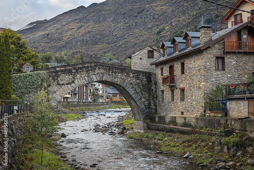 Stone Bridge in Sterri D'aNeu in the evening, Catalan Pyrenees
