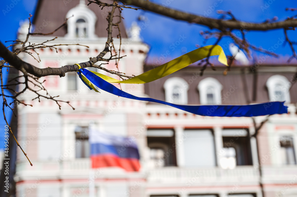 Φωτογραφία A yellow and blue ribbon on a tree branch in front of the Russian Embassy in Riga, Latvia
