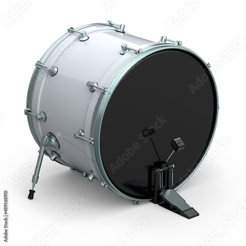 Realistic drum with pedal on white background. 3d render of musical instrument