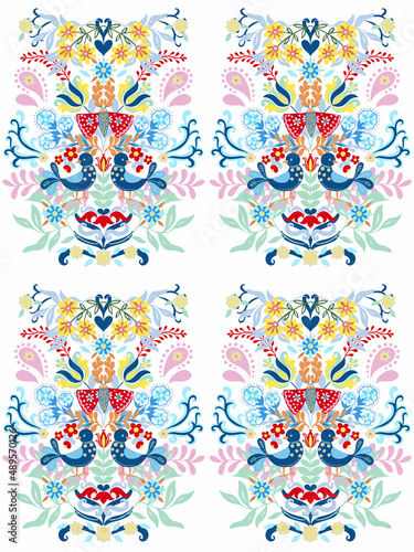Various bird and butterfly with flower leaf different folk ornaments pastel sweet scandinavian style Hand drawn colored ancient retro illustration
