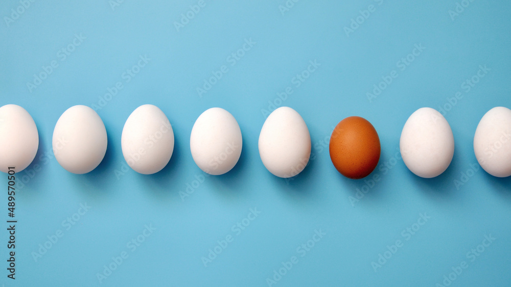 A group of white eggs and one brown one among them. A symbol of unusual people in society A group of white eggs and one brown one among them. A symbol of unusual people in society