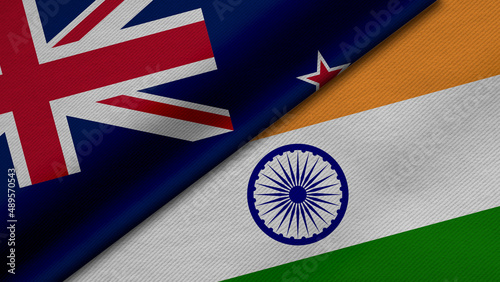 3D Rendering of two flags from New Zealand and India together with fabric texture, bilateral relations, peace and conflict between countries, great for background