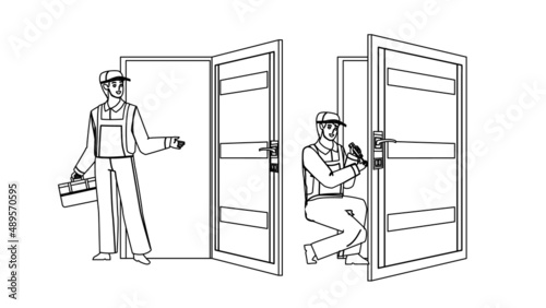 Locksmith Door Repair Fix Or Install Lock Black Line Pencil Drawing Vector. Repairman Repairing, Installing Or Changing Lock. Character Service Worker Man Professional Fix Occupation Illustration