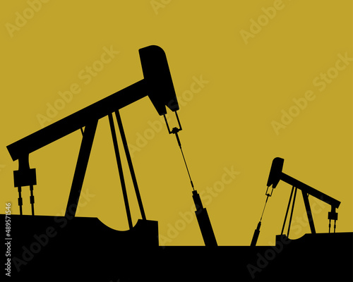 Oil rig silhouettes and colored sky, vector illustration