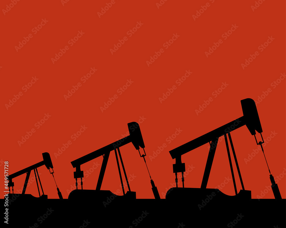 Oil rig silhouettes and orange sky, vector illustration