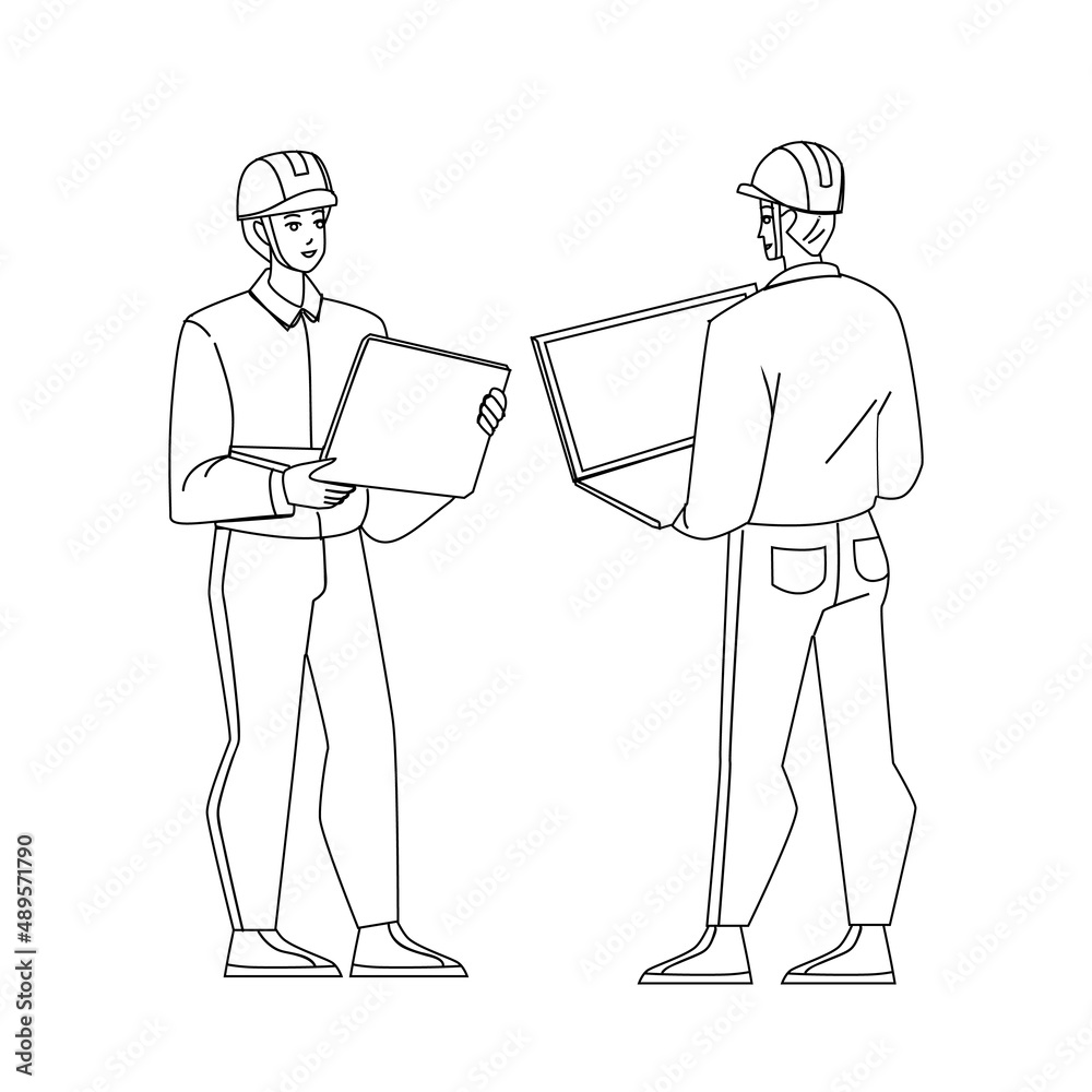 Maintenance Engineer Talk With Colleague Black Line Pencil Drawing Vector. Maintenance Engineer Holding Laptop And Checking With Employee Construction. Characters Workers Men Engineering Illustration