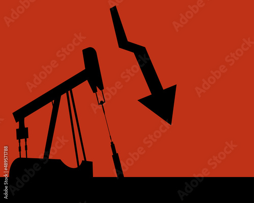 Oil rig silhouettes and orange sky, vector illustration