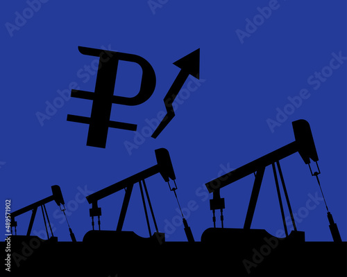 Oil rig silhouettes and blue sky, ruble exchange rate, vector illustration