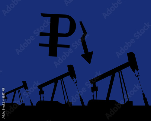 Oil rig silhouettes and blue sky, ruble exchange rate, vector illustration