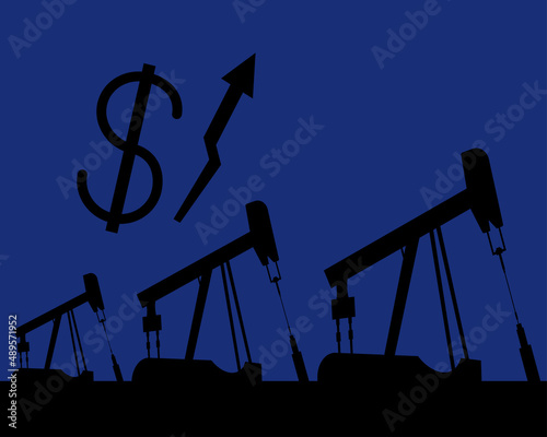 Oil rig silhouettes and blue sky, dollar rate, vector illustration