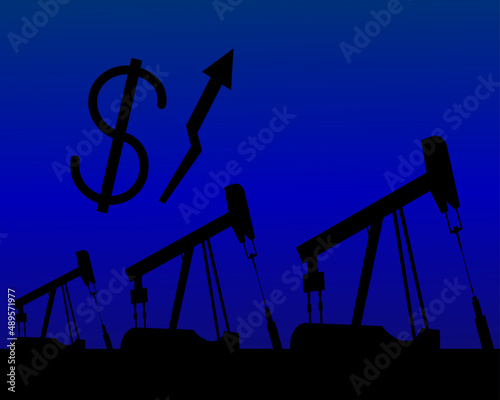 Oil rig silhouettes and blue sky, dollar rate, vector illustration