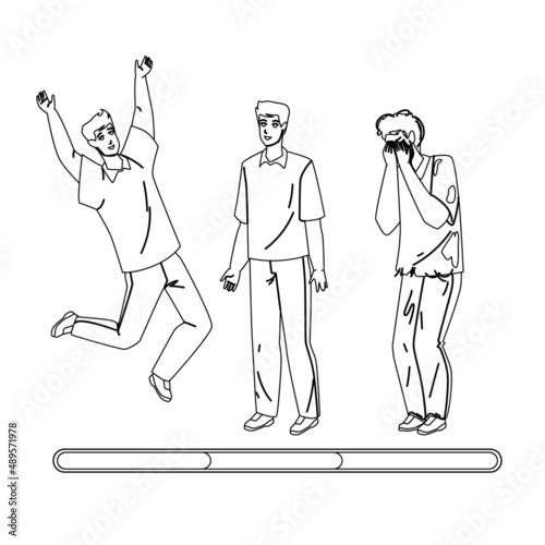 Man Mood Laughing, Smiling And Unhappy Black Line Pencil Drawing Vector. Emotional Happy Man Mood Jumping, Standing And Smile, Stress And Crying. Character Guy Negative And Positive Emotion