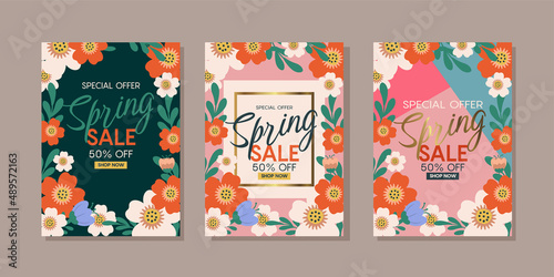 Set of Spring sale background banner poster with beautiful colorful flower. Suitable for social media posts  mobile apps  cards  invitations  banners design and web internet ads. Vector illustration.