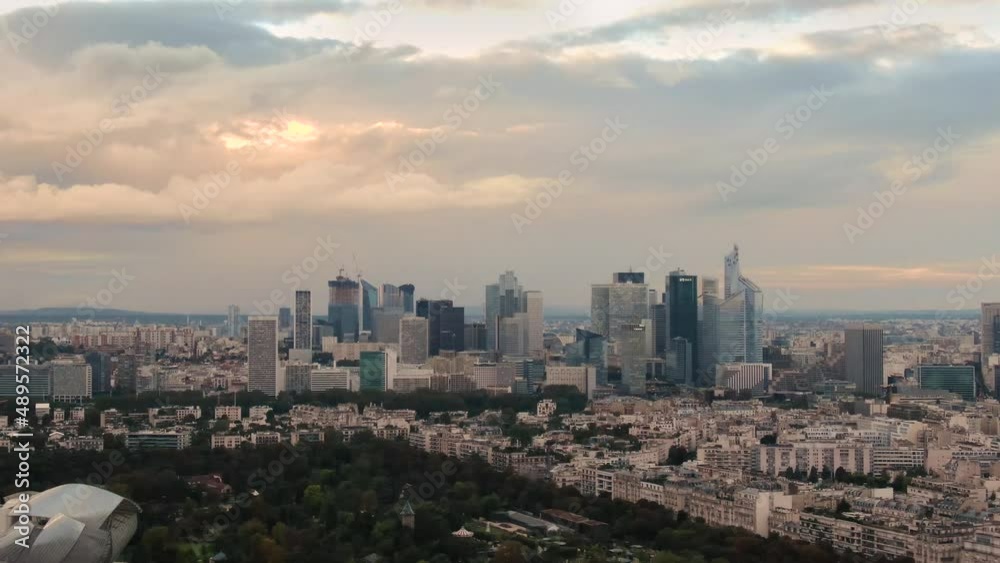 Aerial sunset view of Paris La Defense Skyline buildings financial district, Paris France Aerial sunset view of Paris La Defense Skyline buildings financial district, Paris France