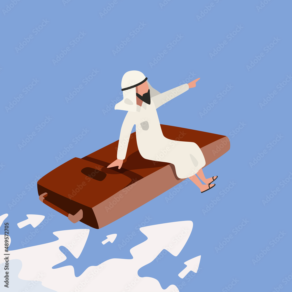 Fototapeta premium Business flat drawing Arabian businessman sitting and flying on leather business briefcase in the sky. Points direction forward. Financial business success and development. Cartoon vector illustration