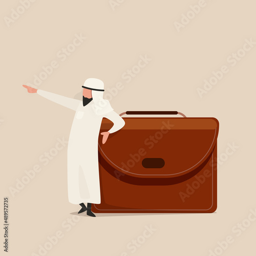 Business flat drawing confident Arabian businessman leaning on leather huge briefcase and pointing forward. Male manager standing with resting pose thinking of success. Cartoon vector illustration