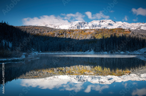 San Juan Mountains, Woods Lake, Colorado winter reflection in lake