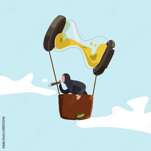 Business concept flat Arabian businesswoman in hot air balloon hourglass looking for success with telescope or monocular. Time management. Career path, champion, sandglass. Design vector illustration