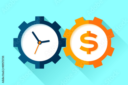 Clock and dollar with gears, time is money, investment mechanism, vector design objects for you projects
