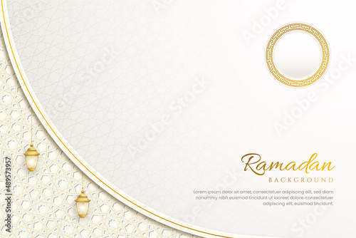 White luxury islamic background with decorative ornament pattern and lanterns Premium Vector	