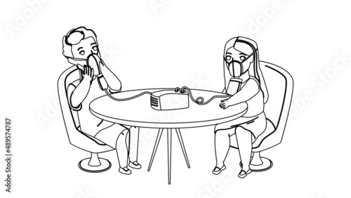 Nebulizer Mask Using Children In Clinic Black Line Pencil Drawing Vector. Little Boy And Girl Kids Use Nebulizer Mask, Taking Breath And Being Treated. Characters Healthcare Therapy In Hospital