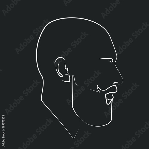 White linear silhouette of a bearded man. Flat illustration of male face. Linear portrait. Guy with beard. Linear head icon. Portrait of a bald man.