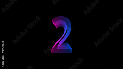 number two, double, second, digital symbol, Very Peri gradient neon light glowing in the dark. 
