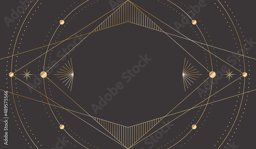 Vector mystic dark celestial background with golden outline frame, stars, dotted radial circles and rhombus copy space. Occult linear backdrop with a magical symbols. Sacred geometric tarot card cover
