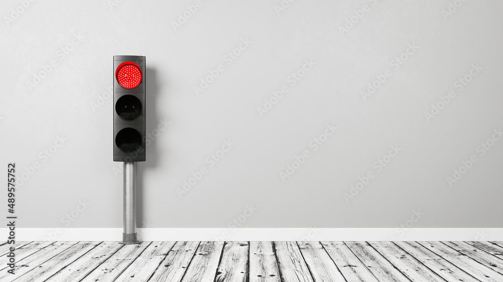 Red Traffic Light in the Room with Copy Space - obrazy, fototapety, plakaty 