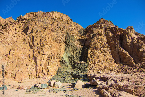 Colored canyon with red limestone and black basalt rocks, Nabq protected area, Sharm El Sheikh, Sinai peninsula, Egypt, North Africa. Egyptian safari