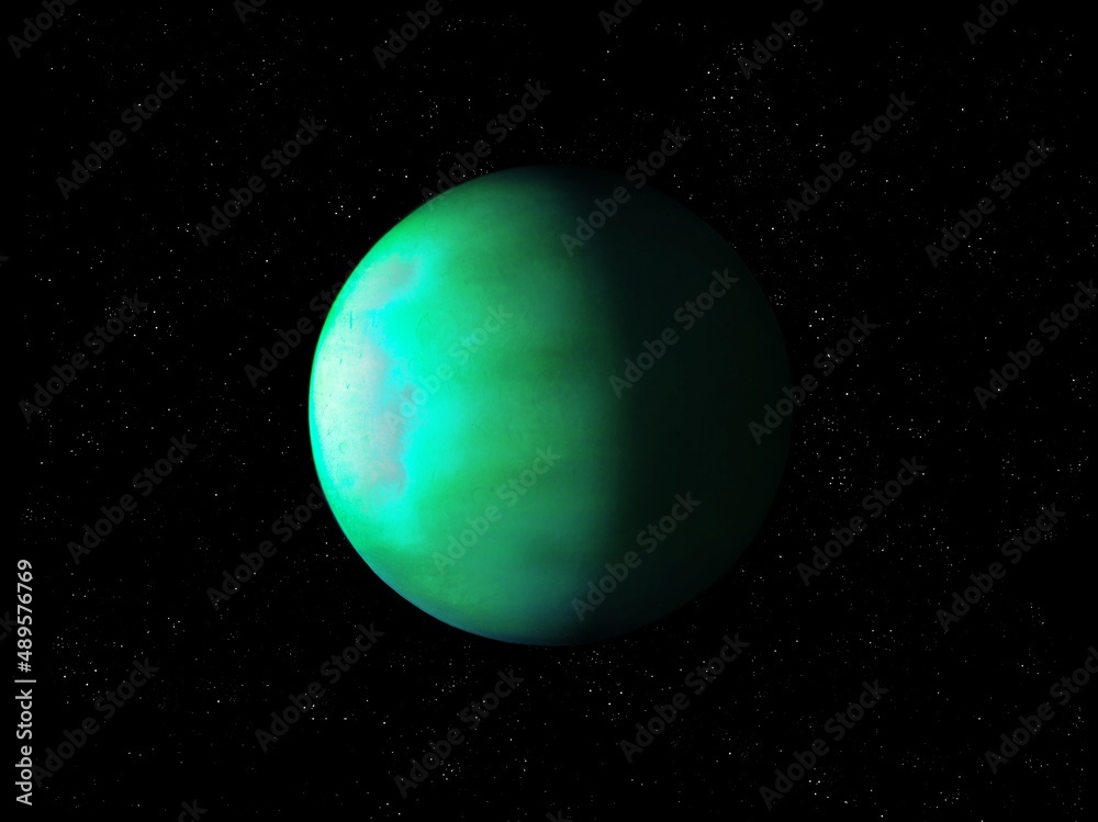 Earth-like planet in outer space. Exoplanet in the Milky Way galaxy. The thick atmosphere of an alien green planet. 